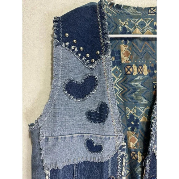 Womens Blue Denim Patchwork Vest South Western Y2k Boho Frayed LARGE READ - Picture 4 of 8